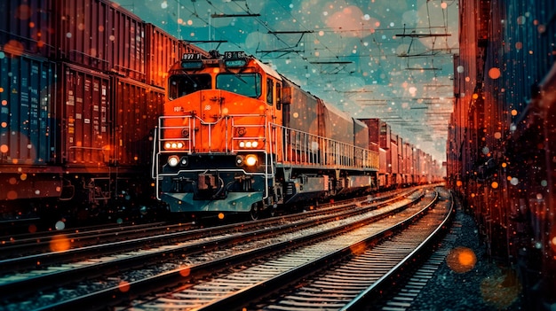 A imagem de um trem em um fundo de dados analíticos representa o transporte e a logística