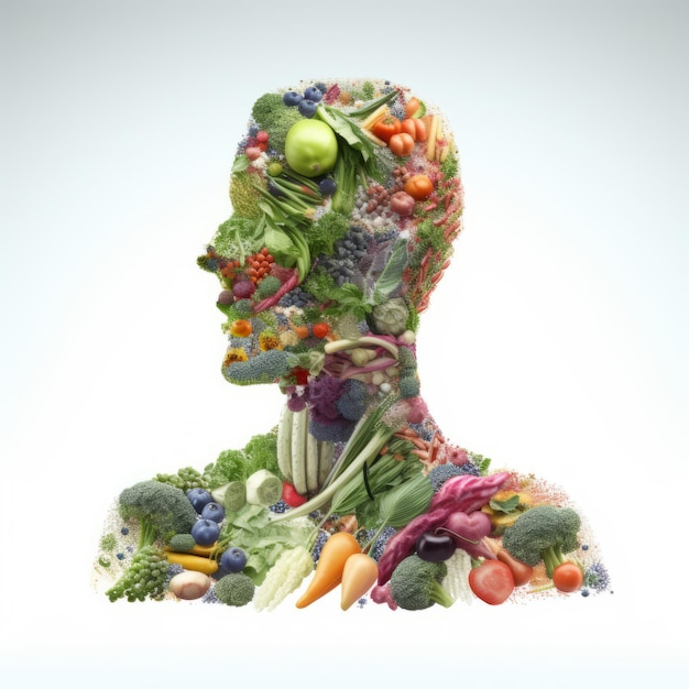 A imagem de uma pessoa feita de frutas e vegetais
