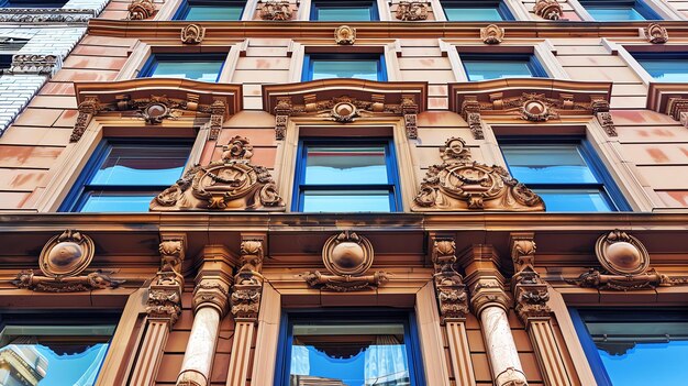 A imagem é da fachada de um antigo edifício feito de pedra castanha com esculturas ornamentadas e grandes janelas