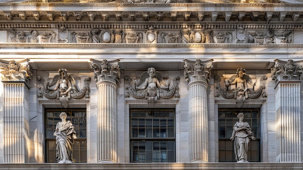 A imagem é da fachada de um edifício clássico com três grandes janelas e duas estátuas de mulheres