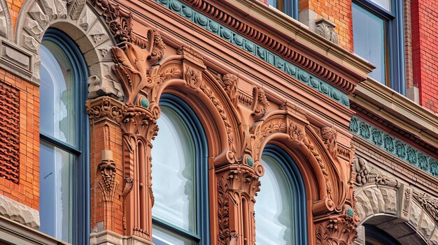 A imagem é da fachada ornamentada de um edifício histórico com janelas arqueadas e esculturas intrincadas