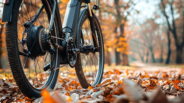 Foto a imagem é da tração de uma bicicleta elétrica. a bicicleta é preta e tem um design elegante.