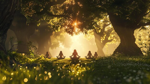 A imagem é de quatro mulheres sentadas em uma postura de ioga em uma floresta o sol está brilhando através das árvores e criando uma bela cena