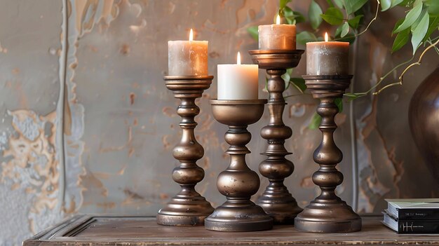 Foto a imagem é de quatro velas de diferentes tamanhos em uma mesa de madeira. as velas são colocadas em uma tabela de madeira marrom.