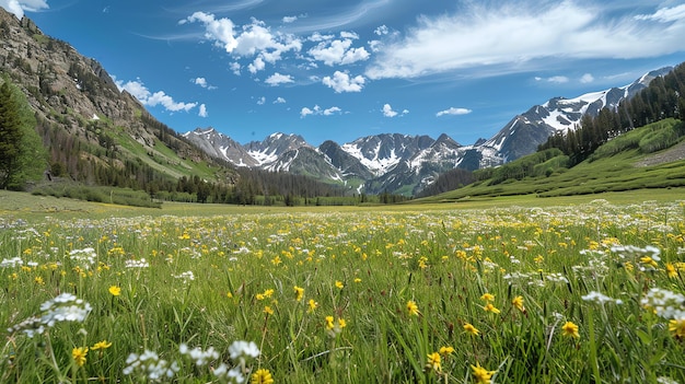 A imagem é de um belo prado de montanha em plena floração as flores silvestres são um tumulto de cores e as montanhas no fundo são majestosas