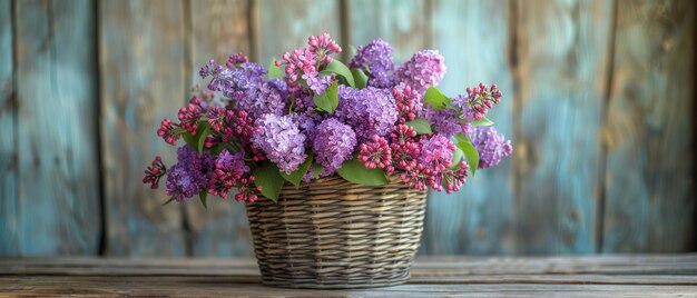 A imagem é de um buquê de lilas e flores de magnólia em uma cesta em um fundo de madeira rústica