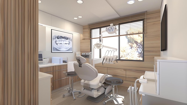 Foto a imagem é de um consultório dentário moderno. a sala é brilhante e arejada com piso de tábuas de madeira. há uma grande janela que deixa entrar luz natural.