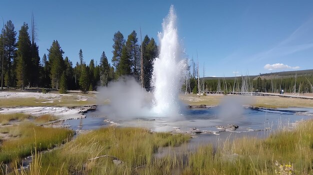 A imagem é de um gêiser no Parque Nacional de Yellowstone O gêiser é cercado por uma grande piscina de água e uma série de árvores