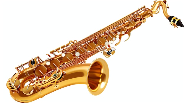 Foto a imagem é de um saxofone dourado é uma vista lateral do instrumento e todas as teclas e botões são visíveis
