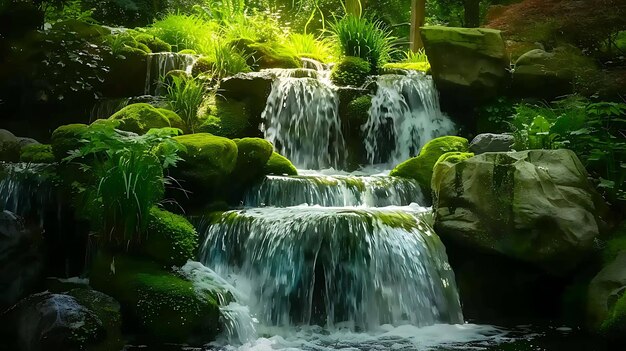 A imagem é de uma bela cachoeira em uma floresta a água é cristalina e as rochas estão cobertas de musgo