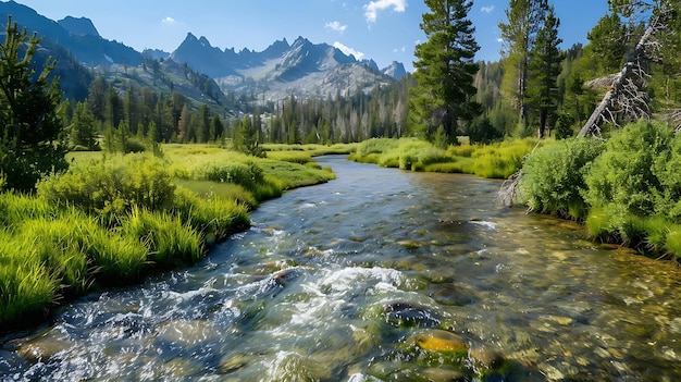 A imagem é de uma bela paisagem com um rio de montanha fluindo através de um vale a água é cristalina