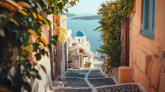 A imagem é de uma bela paisagem urbana em Santorini, Grécia, os edifícios brancos são construídos em uma encosta e têm vista para o Mar Egeu.