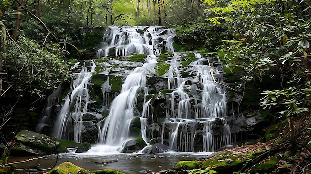 A imagem é de uma cachoeira em uma floresta. A cachoeiro é cercado por vários tipos diferentes de árvores.