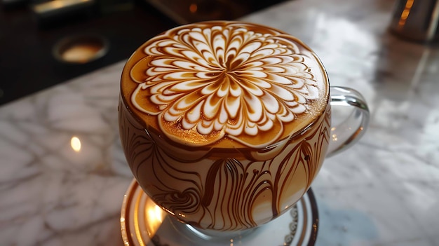 A imagem é de uma chávena de café com um belo padrão na superfície da espuma. A chávena está sentada em um prato em uma mesa de mármore.