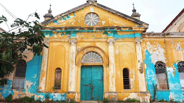 A imagem é de uma igreja abandonada colorida com portas azuis e uma grande janela redonda. O exterior da igreja é pintado de amarelo e azul.