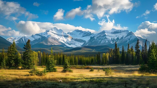A imagem é de uma paisagem montanhosa as montanhas estão à distância e estão cobertas de neve o primeiro plano é um campo de grama e árvores