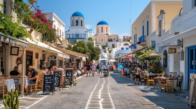 A imagem é de uma rua em Santorini, Grécia