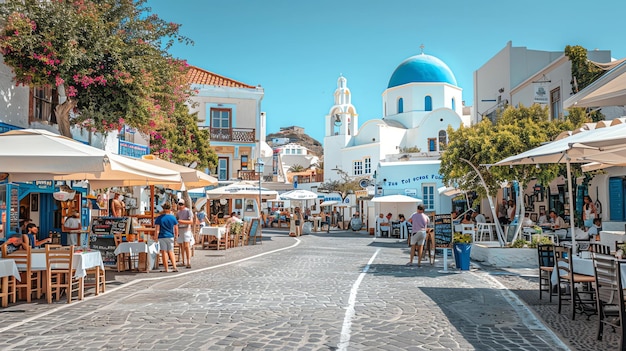 Foto a imagem é de uma rua em uma aldeia grega. a rua é alinhada por edifícios brancos e há várias tabernas com assentos ao ar livre.