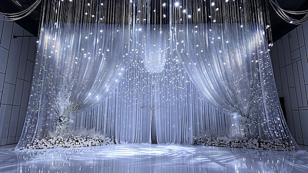 A imagem é um belo cenário de casamento Ele apresenta uma cortina branca com luzes de cordas penduradas para baixo