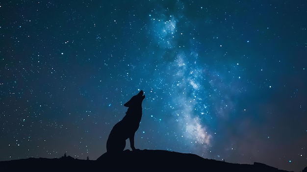 Foto a imagem é um belo céu noturno com uma silhueta de um lobo uivando para a lua as estrelas são brilhantes e o lobo é majestoso