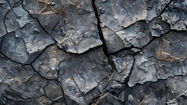 Foto a imagem é um close de uma superfície da terra rachada as rachaduras são profundas e largas e a superfície é coberta por uma fina camada de poeira