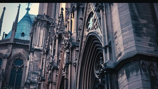 Foto a imagem é um close-up do exterior de uma catedral gótica a arquitetura é intrincada e detalhada com muitos pinos arcos e contrafortes