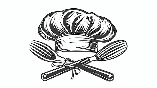 A imagem é um desenho em preto e branco de um chapéu de cozinheiro com um batedor de cozinha e um garfo cruzado atrás dele O chapéu do cozinheiro é alto e tem uma borda larga