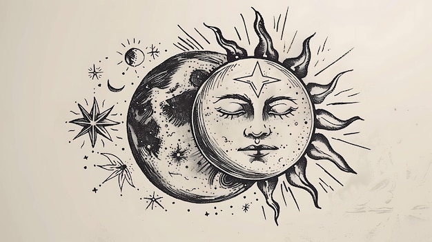 Foto a imagem é um desenho em preto e branco do sol e da lua. o sol está no lado direito da imagem e a lua está no lado esquerdo.