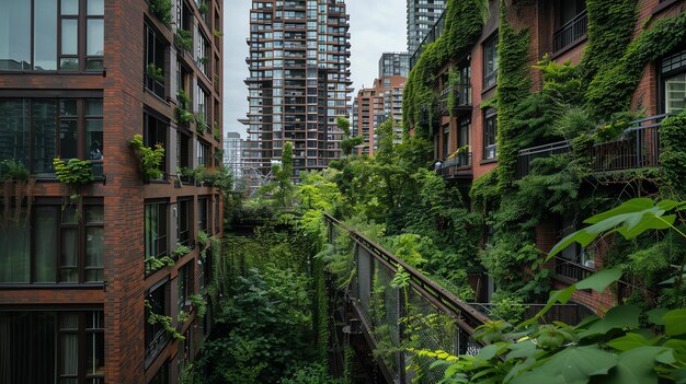 Foto a imagem é um oásis verde exuberante no meio de uma cidade movimentada