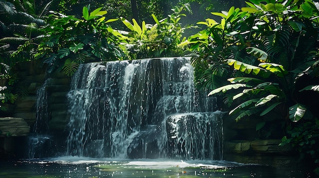 A imagem é uma bela cachoeira em uma selva verde exuberante