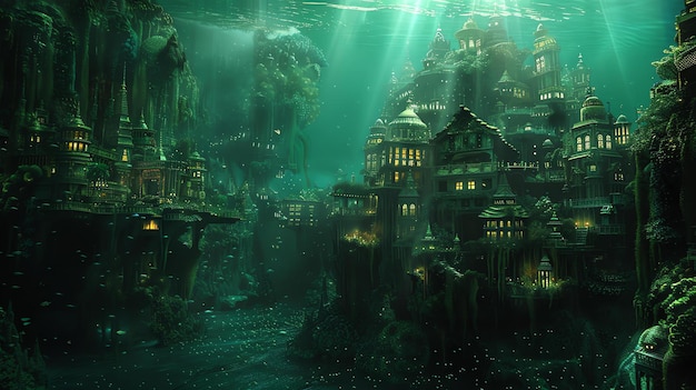Foto a imagem é uma bela e misteriosa cidade subaquática