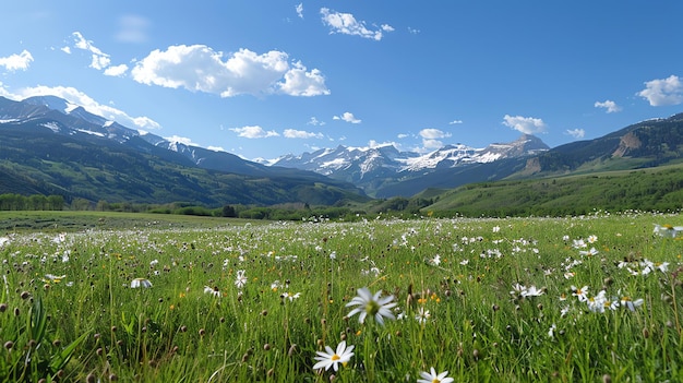 A imagem é uma bela fotografia de paisagem de um prado de montanha em plena floração