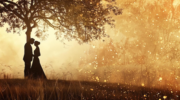 A imagem é uma bela paisagem com um casal de pé sob uma árvore o homem e a mulher estão se beijando e há um brilho dourado em torno deles