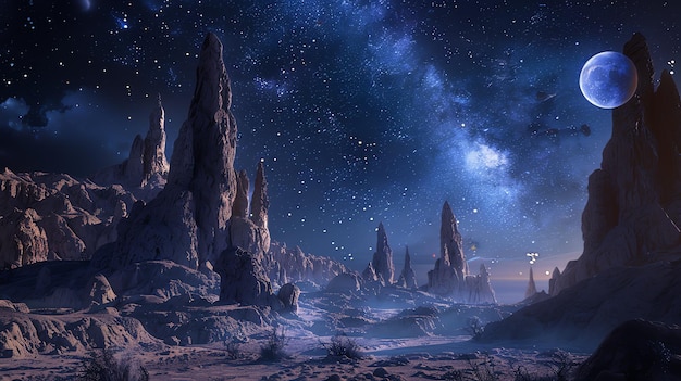 A imagem é uma bela paisagem de um planeta alienígena o planeta é coberto de altas montanhas rochosas e um céu estrelado