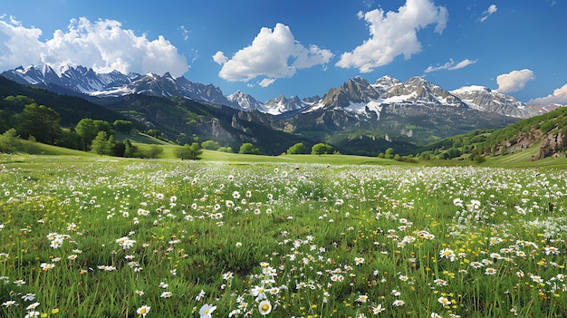 A imagem é uma bela paisagem de um vale de montanha com um primeiro plano de flores silvestres o céu é azul e há algumas nuvens