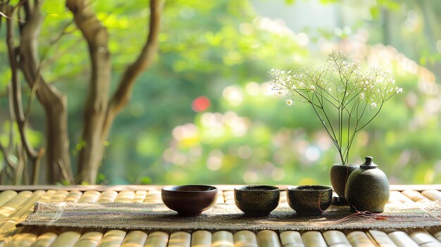 A imagem é uma bela representação de um jardim Zen A luz natural suave e cores apagadas criam uma sensação de paz e tranquilidade