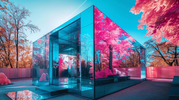 A imagem é uma casa de vidro com uma árvore rosa dentro A casa é cercada por uma paisagem rosa com céu azul