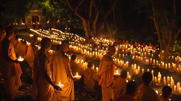 A imagem é uma cena noturna de um grande grupo de monges reunidos em um templo os monges estão segurando velas e andando em uma procissão