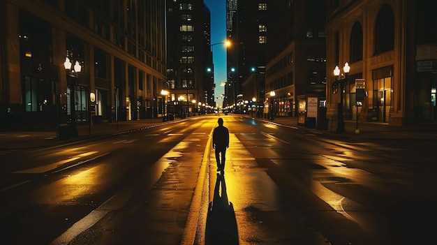 A imagem é uma cena noturna de uma rua vazia da cidade com uma única pessoa caminhando no meio