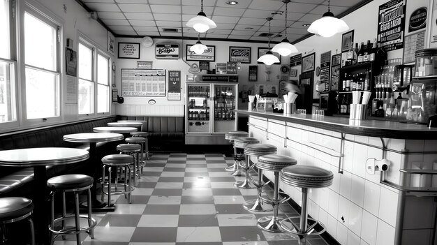 Foto a imagem é uma foto em preto e branco de um restaurante retro. o restaurante tem um chão a xadrez, mesas e cadeiras pretas e brancas e um balcão com banquetes.