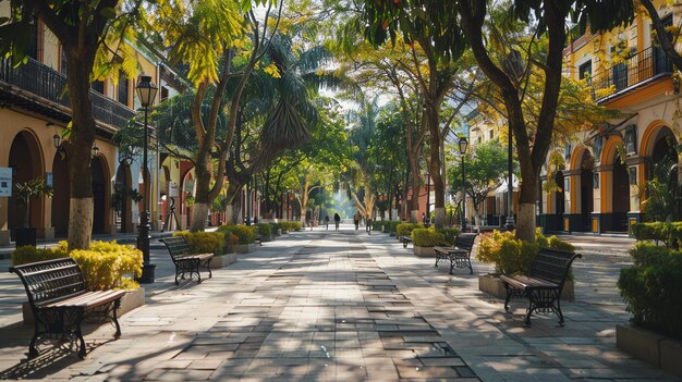 A imagem é uma foto longa de uma rua de pedestres com uma fileira de árvores no meio