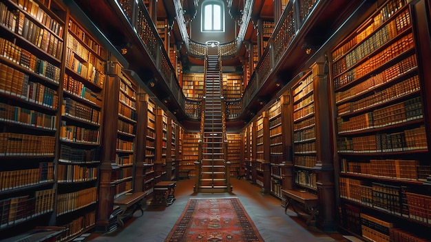 A imagem é uma grande biblioteca com dois andares de estantes