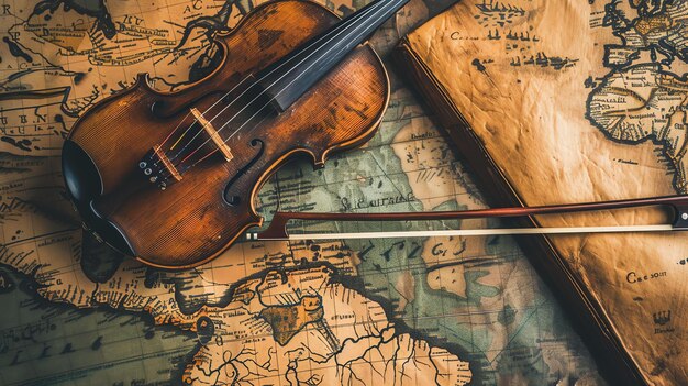 A imagem é uma natureza morta de um violino e um livro num mapa do mundo o violino é feito de madeira o livro está aberto o fundo é um mapa do mundo