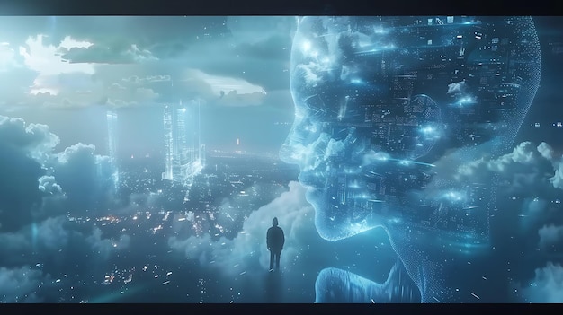 A imagem é uma pintura digital de uma pessoa de pé em um penhasco olhando para uma cidade