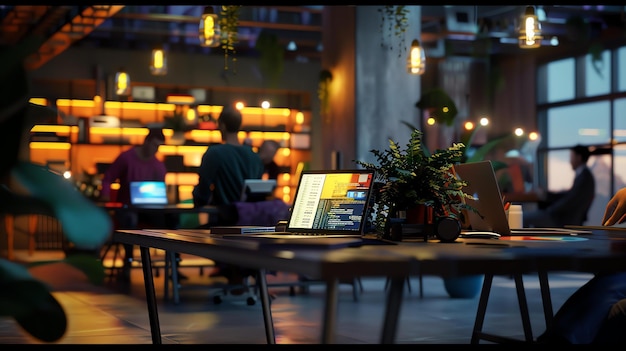 Foto a imagem é uma renderização 3d de um espaço de escritório moderno a sala é mal iluminada com iluminação quente e há várias pessoas trabalhando em suas mesas