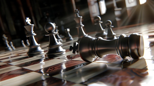 A imagem é uma renderização 3D de um tabuleiro de xadrez com o rei preto deitado de lado em primeiro plano