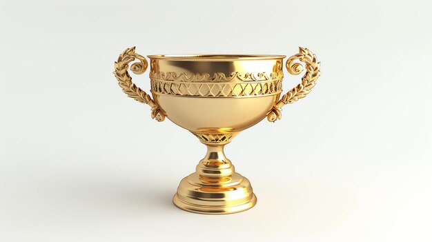 A imagem é uma renderização 3D de um troféu de ouro O troféu está em um fundo branco e tem um design simples e elegante