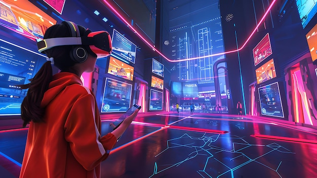 A imagem é uma representação de uma pessoa usando um fone de ouvido de realidade virtual e segurando um smartphone em uma cidade futurista