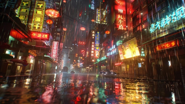 Foto a imagem é uma rua chuvosa em chinatown a rua é iluminada por lanternas vermelhas e a chuva está refletindo as luzes