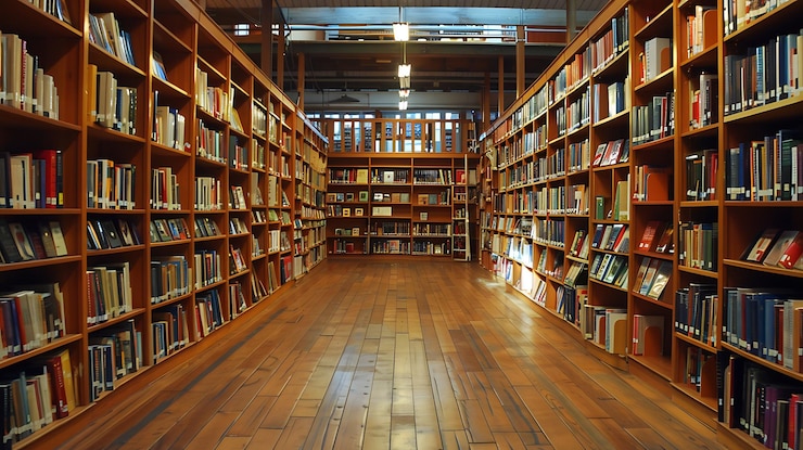 Foto a imagem é uma sala longa e estreita com prateleiras de madeira em ambos os lados as prateleiras estão cheias de livros